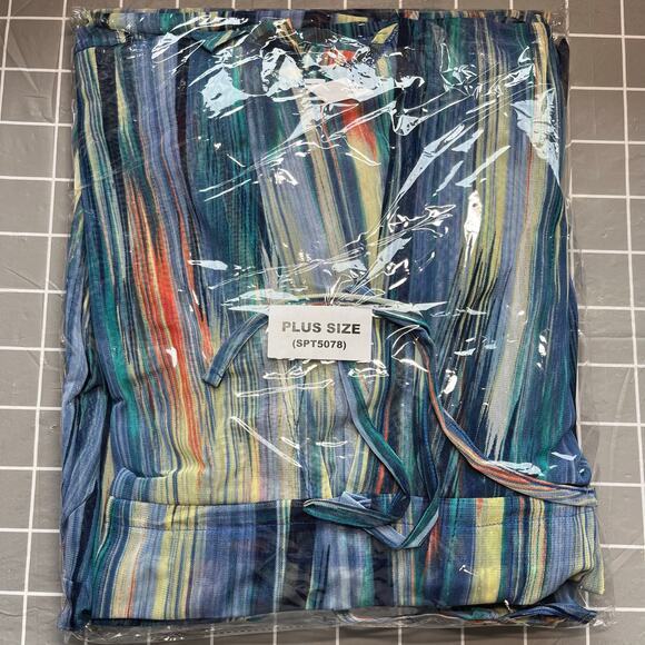 Blue Multicolor Sheer Mesh Cinched Waist V-Neck Oversize Cover-Up Plus 1X/2X NWT - Picture 13 of 15